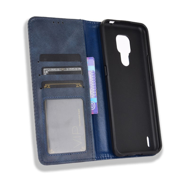 Vintage Style Wallet Stand Leather Phone Cover for Motorola Moto E7 - Blue
