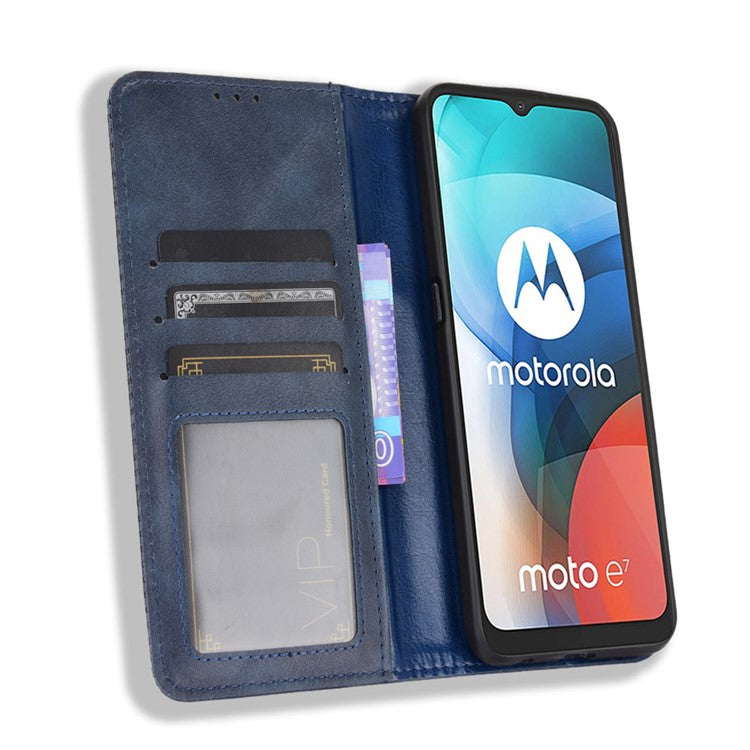 Vintage Style Wallet Stand Leather Phone Cover for Motorola Moto E7 - Blue