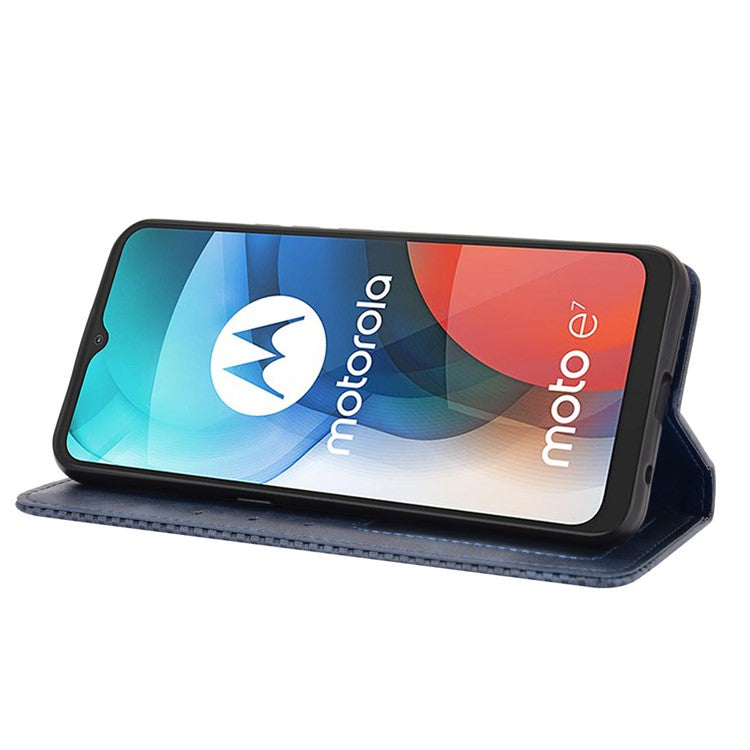 Vintage Style Wallet Stand Leather Phone Cover for Motorola Moto E7 - Blue