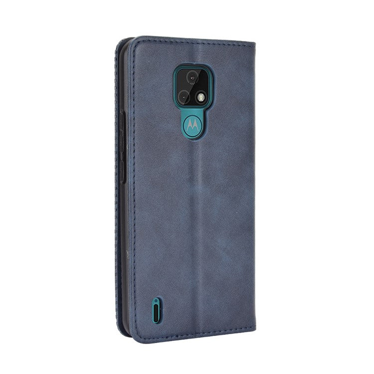 Vintage Style Wallet Stand Leather Phone Cover for Motorola Moto E7 - Blue