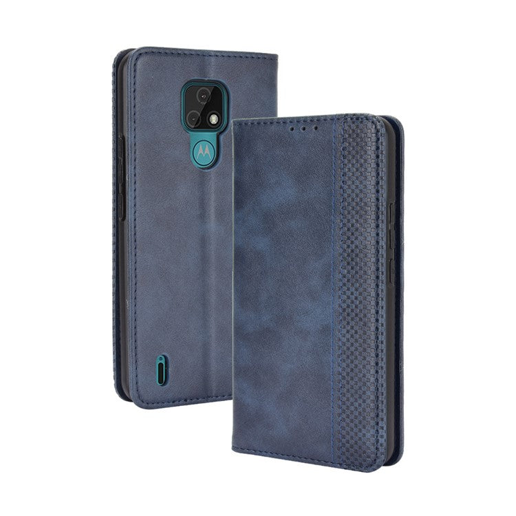 Vintage Style Wallet Stand Leather Phone Cover for Motorola Moto E7 - Blue