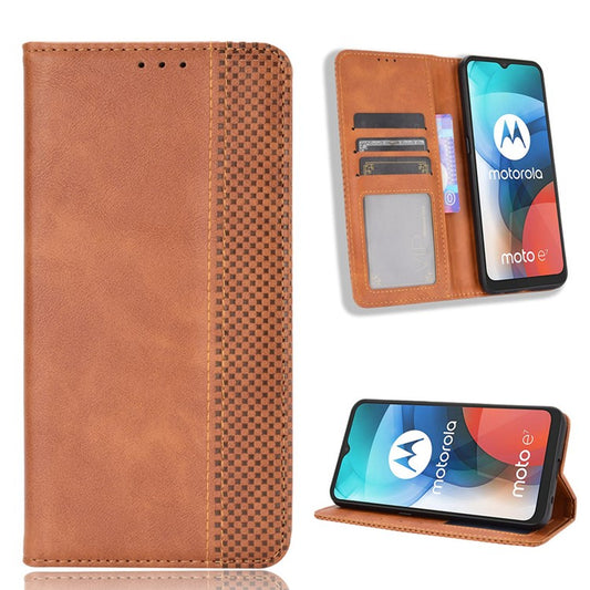 Vintage Style Wallet Stand Leather Phone Cover for Motorola Moto E7 - Brown