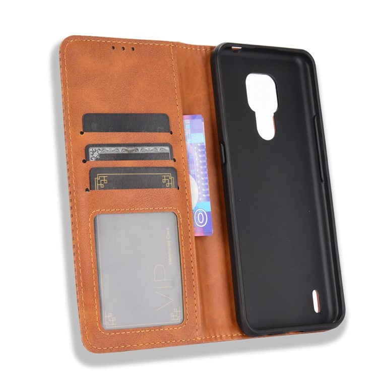 Vintage Style Wallet Stand Leather Phone Cover for Motorola Moto E7 - Brown