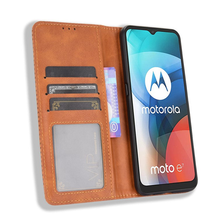 Vintage Style Wallet Stand Leather Phone Cover for Motorola Moto E7 - Brown