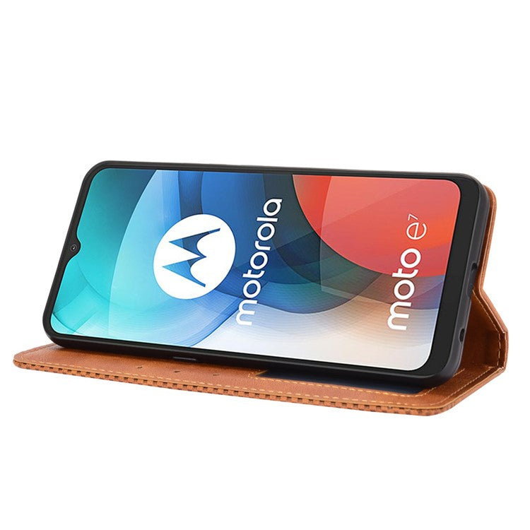 Vintage Style Wallet Stand Leather Phone Cover for Motorola Moto E7 - Brown
