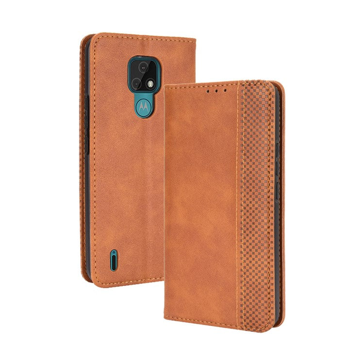 Vintage Style Wallet Stand Leather Phone Cover for Motorola Moto E7 - Brown