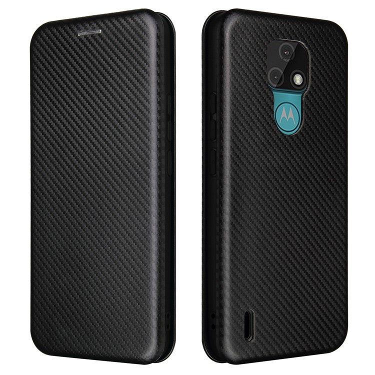 Auto-absorbed Stand Cover for Motorola Moto E7 Carbon Fiber Texture Leather Case - Black