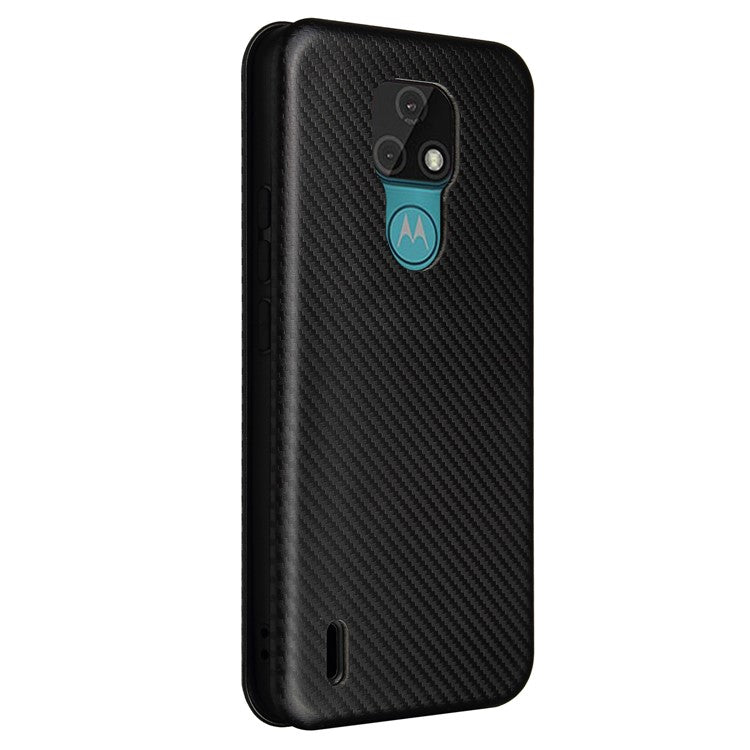Auto-absorbed Stand Cover for Motorola Moto E7 Carbon Fiber Texture Leather Case - Black