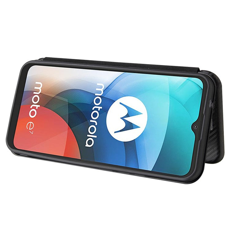 Auto-absorbed Stand Cover for Motorola Moto E7 Carbon Fiber Texture Leather Case - Black