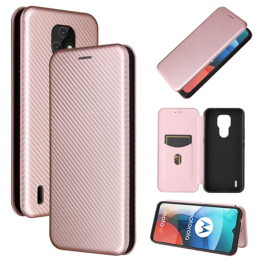 Auto-absorbed Stand Cover for Motorola Moto E7 Carbon Fiber Texture Leather Case - Pink