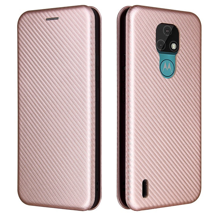 Auto-absorbed Stand Cover for Motorola Moto E7 Carbon Fiber Texture Leather Case - Pink