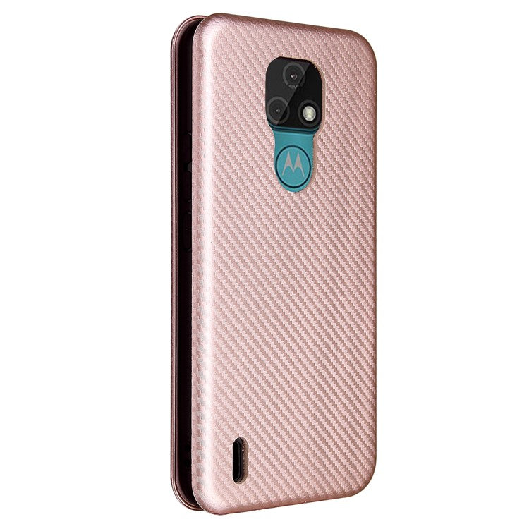 Auto-absorbed Stand Cover for Motorola Moto E7 Carbon Fiber Texture Leather Case - Pink