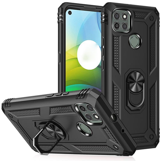 Armor Anti-fall Metal Ring Kickstand Hybrid PC TPU Shell for Motorola Moto G9 Power - Black