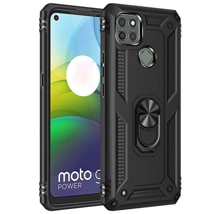 Armor Anti-fall Metal Ring Kickstand Hybrid PC TPU Shell for Motorola Moto G9 Power - Black