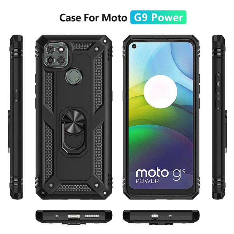 Armor Anti-fall Metal Ring Kickstand Hybrid PC TPU Shell for Motorola Moto G9 Power - Black