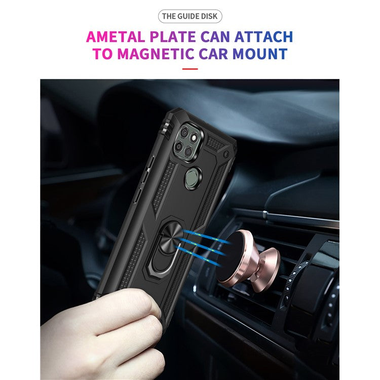 Armor Anti-fall Metal Ring Kickstand Hybrid PC TPU Shell for Motorola Moto G9 Power - Black