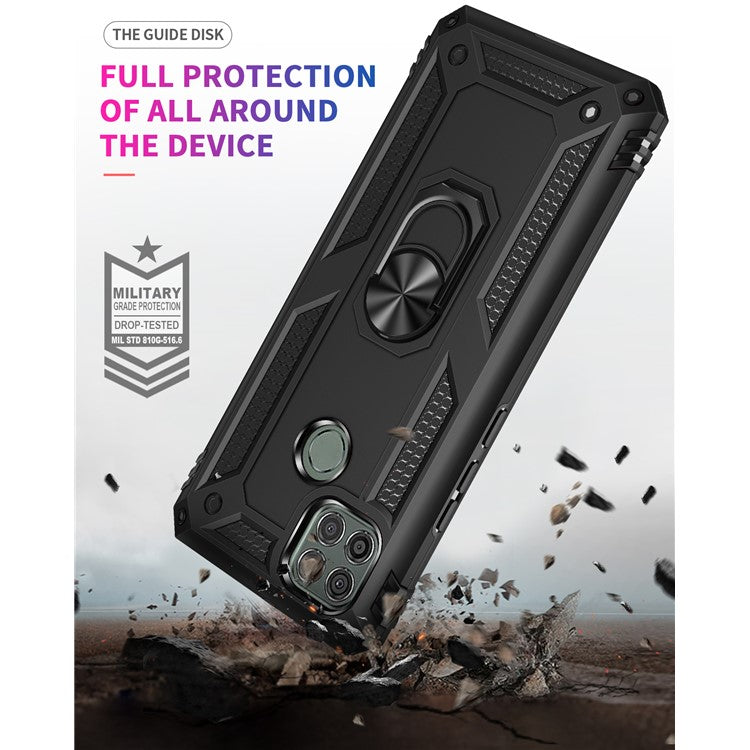 Armor Anti-fall Metal Ring Kickstand Hybrid PC TPU Shell for Motorola Moto G9 Power - Black