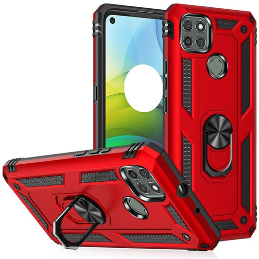 Armor Anti-fall Metal Ring Kickstand Hybrid PC TPU Shell for Motorola Moto G9 Power - Red