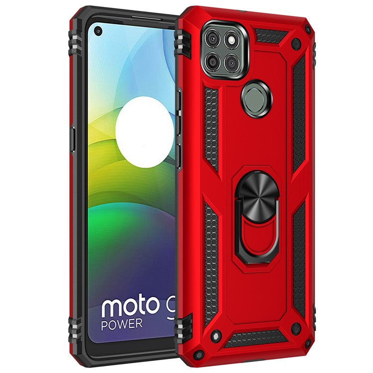 Armor Anti-fall Metal Ring Kickstand Hybrid PC TPU Shell for Motorola Moto G9 Power - Red