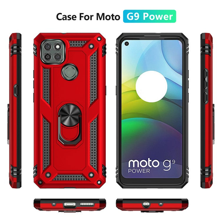 Armor Anti-fall Metal Ring Kickstand Hybrid PC TPU Shell for Motorola Moto G9 Power - Red
