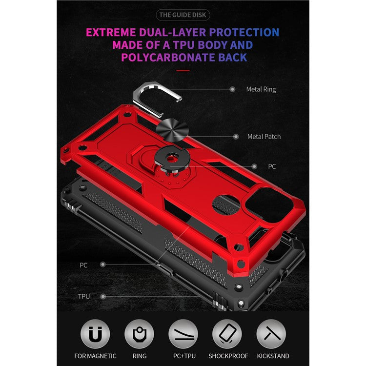 Armor Anti-fall Metal Ring Kickstand Hybrid PC TPU Shell for Motorola Moto G9 Power - Red