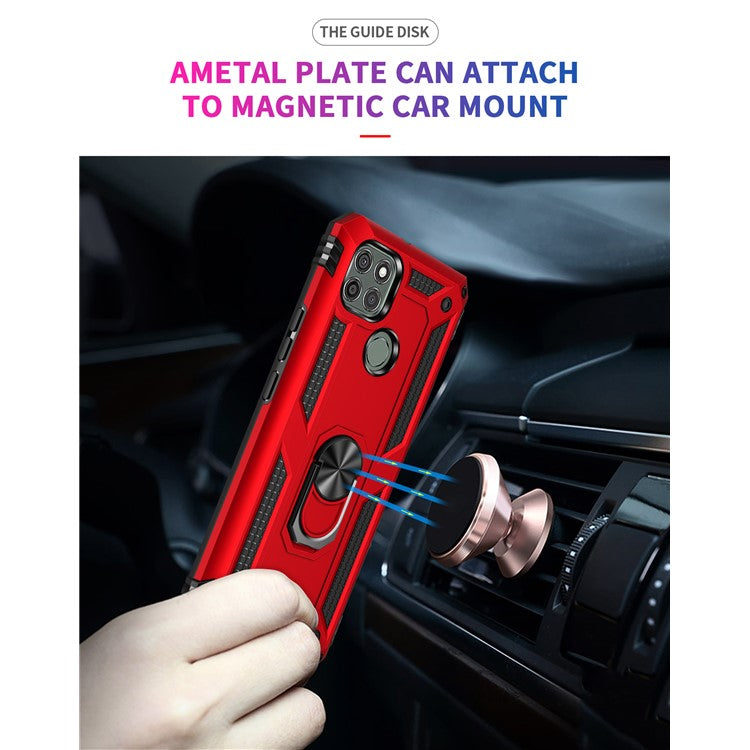 Armor Anti-fall Metal Ring Kickstand Hybrid PC TPU Shell for Motorola Moto G9 Power - Red