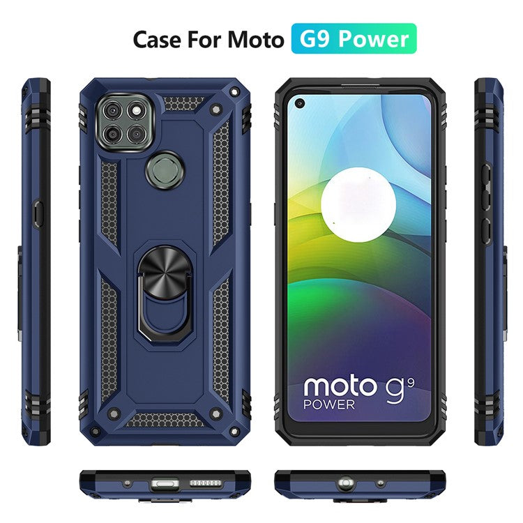 Armor Anti-fall Metal Ring Kickstand Hybrid PC TPU Shell for Motorola Moto G9 Power - Blue