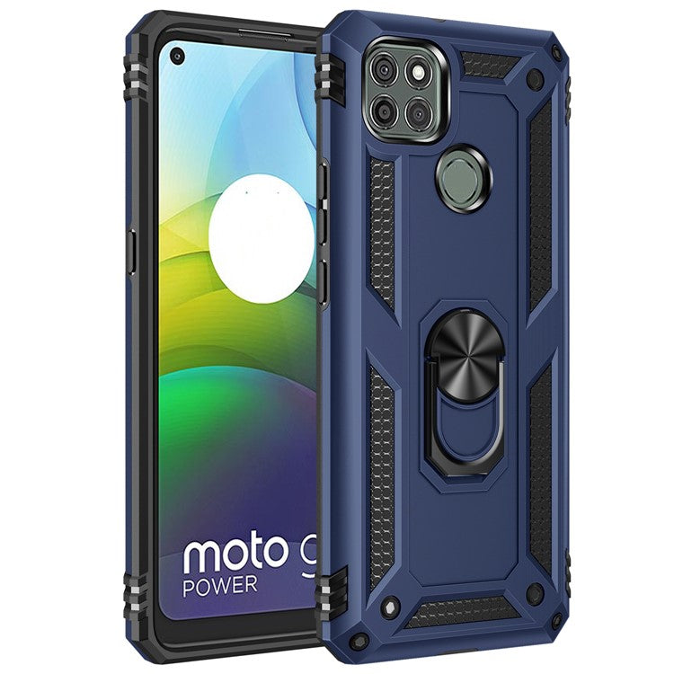 Armor Anti-fall Metal Ring Kickstand Hybrid PC TPU Shell for Motorola Moto G9 Power - Blue