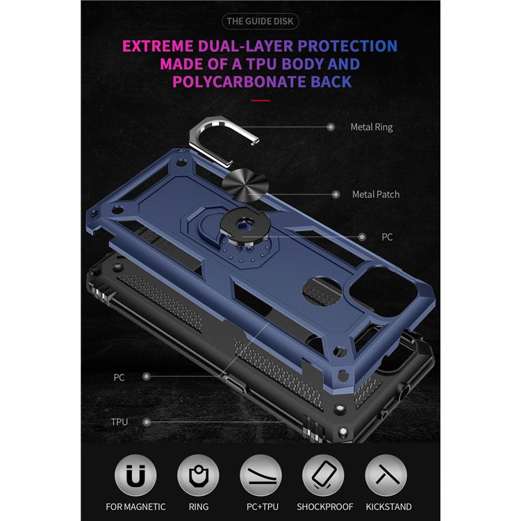 Armor Anti-fall Metal Ring Kickstand Hybrid PC TPU Shell for Motorola Moto G9 Power - Blue