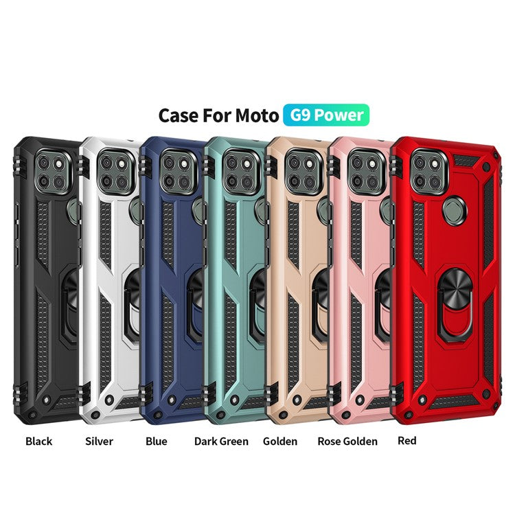 Armor Anti-fall Metal Ring Kickstand Hybrid PC TPU Shell for Motorola Moto G9 Power - Blue
