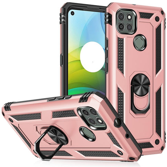 Armor Anti-fall Metal Ring Kickstand Hybrid PC TPU Shell for Motorola Moto G9 Power - Rose Gold
