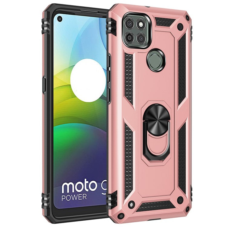 Armor Anti-fall Metal Ring Kickstand Hybrid PC TPU Shell for Motorola Moto G9 Power - Rose Gold