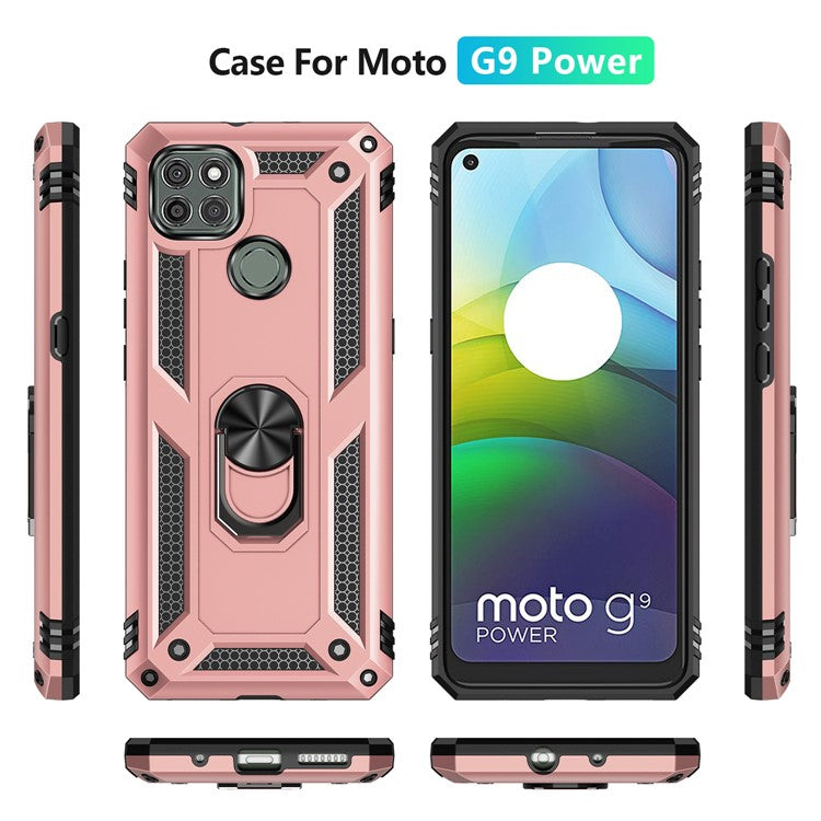 Armor Anti-fall Metal Ring Kickstand Hybrid PC TPU Shell for Motorola Moto G9 Power - Rose Gold