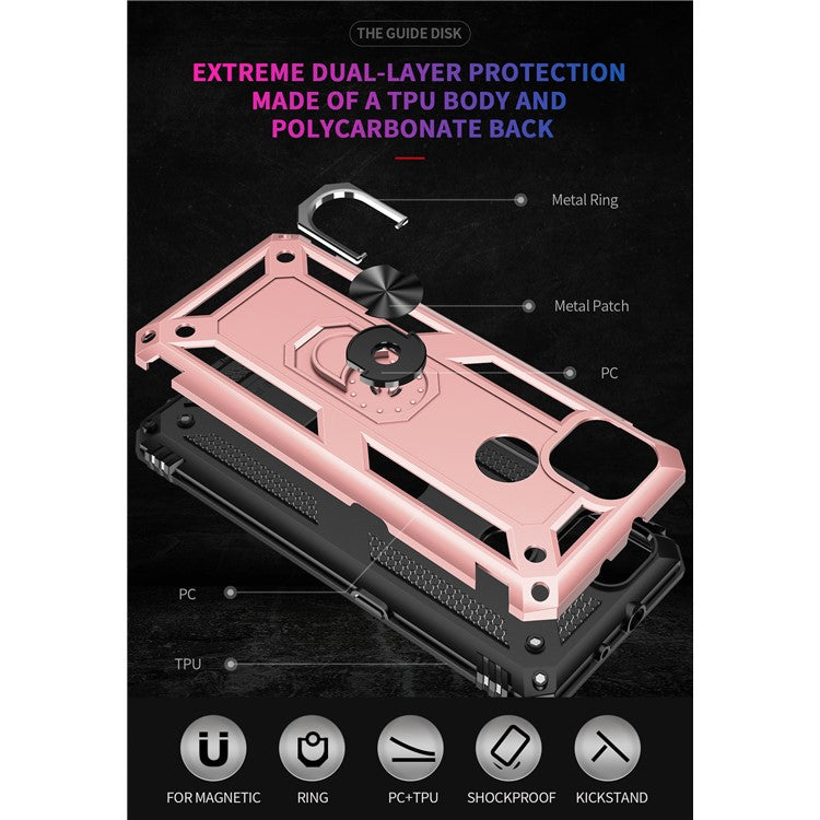 Armor Anti-fall Metal Ring Kickstand Hybrid PC TPU Shell for Motorola Moto G9 Power - Rose Gold