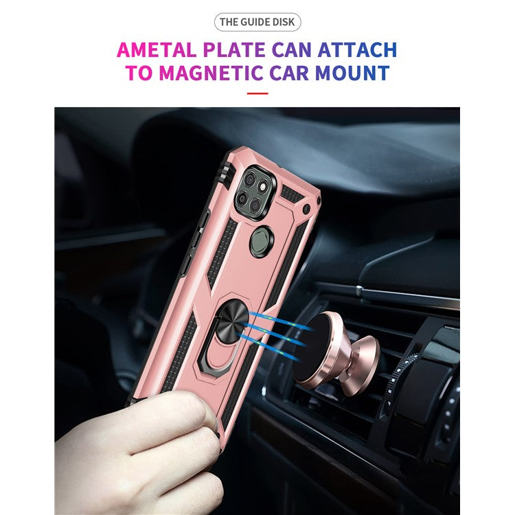 Armor Anti-fall Metal Ring Kickstand Hybrid PC TPU Shell for Motorola Moto G9 Power - Rose Gold