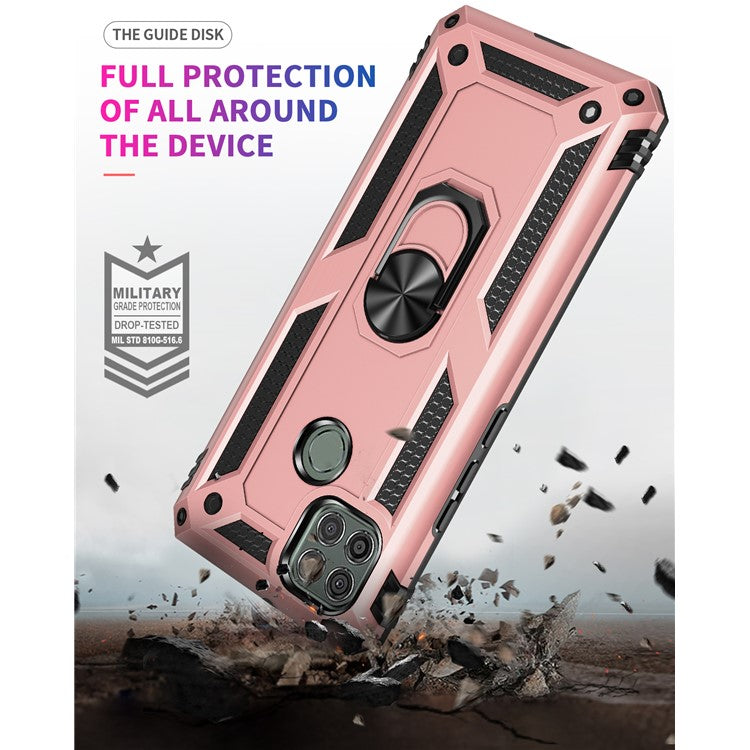 Armor Anti-fall Metal Ring Kickstand Hybrid PC TPU Shell for Motorola Moto G9 Power - Rose Gold