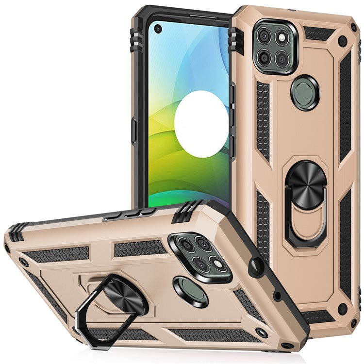 Armor Anti-fall Metal Ring Kickstand Hybrid PC TPU Shell for Motorola Moto G9 Power - Gold