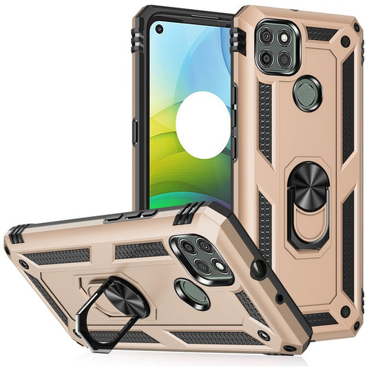 Armor Anti-fall Metal Ring Kickstand Hybrid PC TPU Shell for Motorola Moto G9 Power - Gold