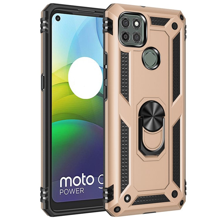 Armor Anti-fall Metal Ring Kickstand Hybrid PC TPU Shell for Motorola Moto G9 Power - Gold