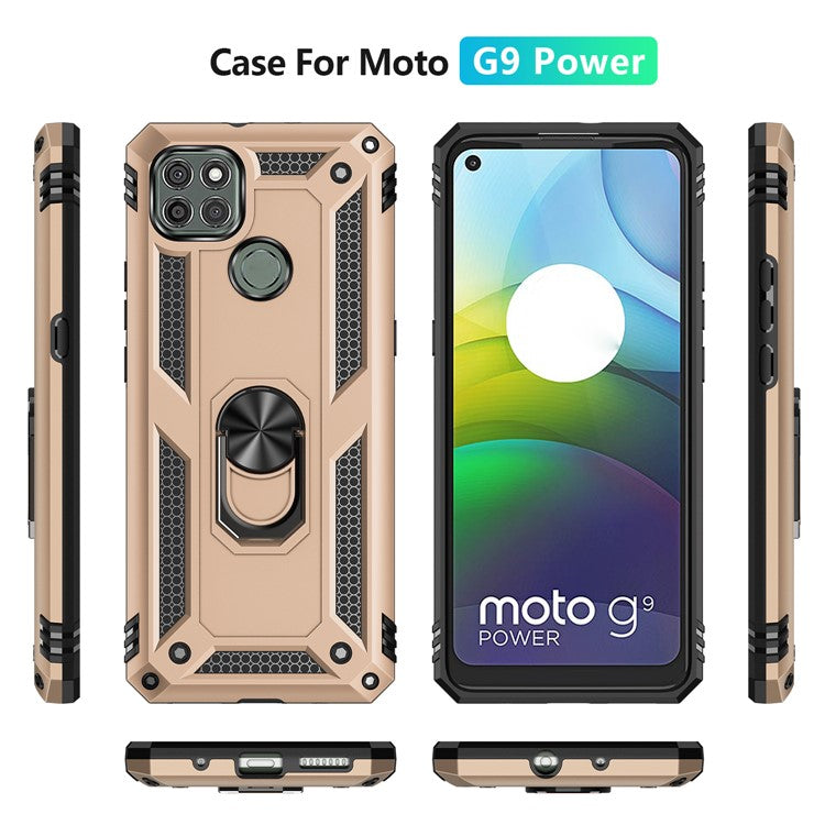 Armor Anti-fall Metal Ring Kickstand Hybrid PC TPU Shell for Motorola Moto G9 Power - Gold