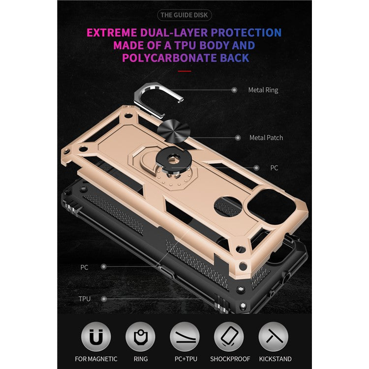 Armor Anti-fall Metal Ring Kickstand Hybrid PC TPU Shell for Motorola Moto G9 Power - Gold