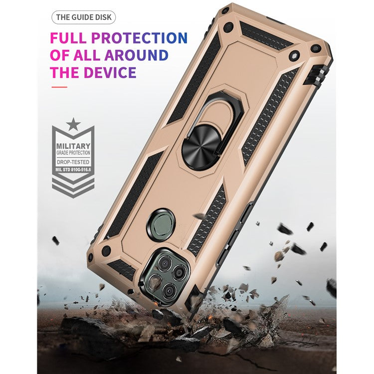 Armor Anti-fall Metal Ring Kickstand Hybrid PC TPU Shell for Motorola Moto G9 Power - Gold