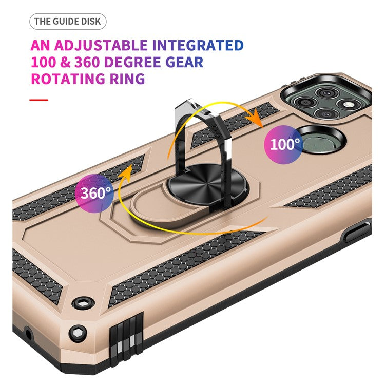 Armor Anti-fall Metal Ring Kickstand Hybrid PC TPU Shell for Motorola Moto G9 Power - Gold