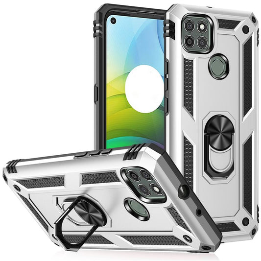 Armor Anti-fall Metal Ring Kickstand Hybrid PC TPU Shell for Motorola Moto G9 Power - Silver
