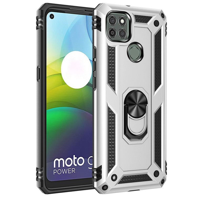 Armor Anti-fall Metal Ring Kickstand Hybrid PC TPU Shell for Motorola Moto G9 Power - Silver