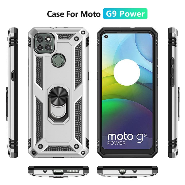 Armor Anti-fall Metal Ring Kickstand Hybrid PC TPU Shell for Motorola Moto G9 Power - Silver