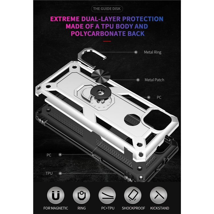 Armor Anti-fall Metal Ring Kickstand Hybrid PC TPU Shell for Motorola Moto G9 Power - Silver