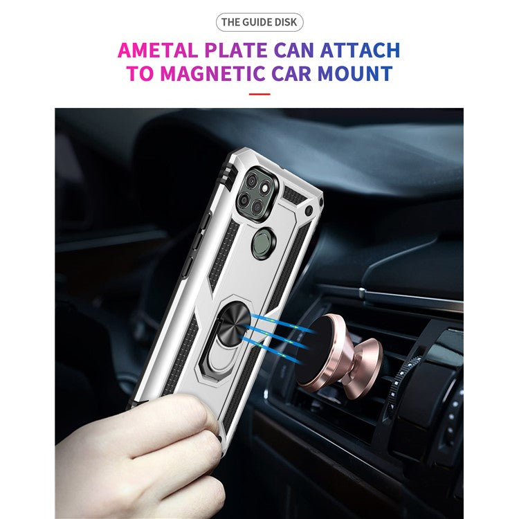Armor Anti-fall Metal Ring Kickstand Hybrid PC TPU Shell for Motorola Moto G9 Power - Silver