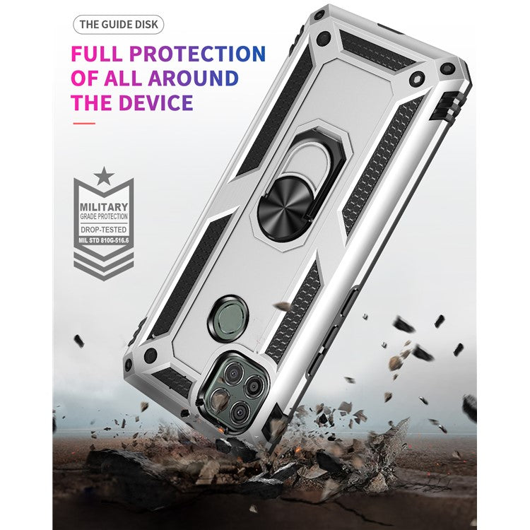 Armor Anti-fall Metal Ring Kickstand Hybrid PC TPU Shell for Motorola Moto G9 Power - Silver