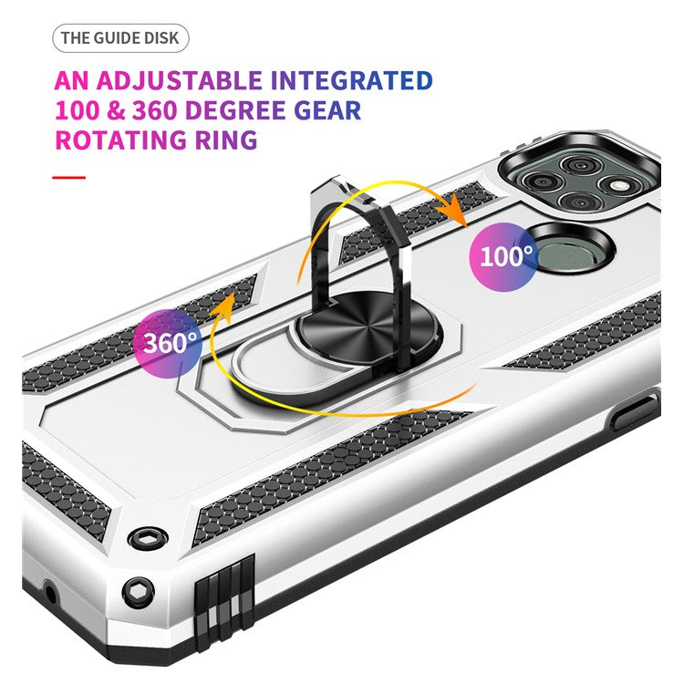 Armor Anti-fall Metal Ring Kickstand Hybrid PC TPU Shell for Motorola Moto G9 Power - Silver